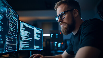 focused programmer working late at night on code