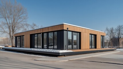 A modern small wooden house showcases striking black and orange walls, with a white lamp post at the entrance, surrounded by a serene winter landscape and snow-covered roof