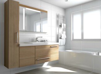 Wall Mural - Modern Bathroom Design with White Tiles and Wooden Cabinet