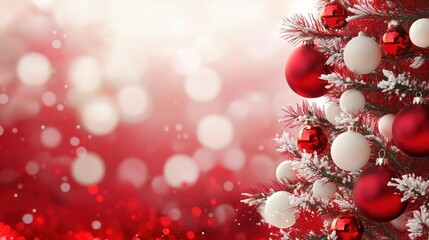 Wall Mural - red christmas tree with red and white balls, xmas background concept with advertising space for text