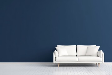 Sticker - A minimalist living room interior featuring a white sofa placed against a striking navy blue wall, creating a clean and sophisticated aesthetic. This backdrop offers a blank canvas for design ideas, s