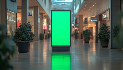 Poster - A digital signage display with a vibrant green screen stands prominently in a modern shopping mall corridor, surrounded by planters and shops.