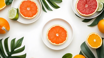 Wall Mural - Citrus Fruit Flat Lay with Tropical Leaves