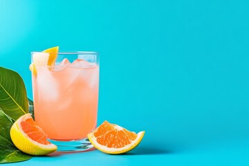 Wall Mural - A refreshing Paloma cocktail with grapefruit slices and ice cubes, served in a glass on a bright blue background.  This drink is perfect for a summer party or a relaxing evening.