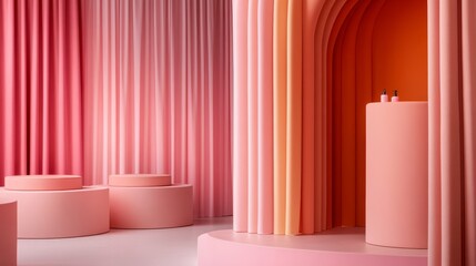 Sticker - A serene presentation area featuring soft pastel curtains and an arched backdrop. Ideal for showcasing products, showcasing beauty products, minimalist displays, showcasing cosmetics, and branding.