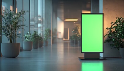 Aufkleber - A modern hallway showcasing a digital display with a vibrant green screen, flanked by potted plants, highlighting a minimalist design aesthetic.