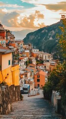 Poster - Sunset Overlooking Italian Village Buildings With Cobblestone Path