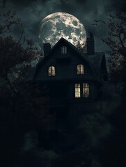 Sticker - A spooky, silhouetted haunted house stands against a backdrop of a full moon, creating a mysterious and eerie atmosphere, symbolizing mystery, darkness, fear, the supernatural, and the unknown.