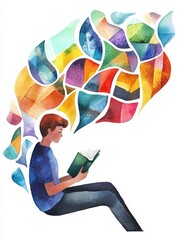 Sticker - A watercolor graphic illustration of a student engrossed in a book, surrounded by a vibrant burst of colorful leaves symbolizing knowledge, imagination, growth, inspiration, and discovery.