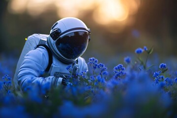 Poster - An astronaut in a white spacesuit explores a field of blue flowers, representing the beauty and wonder of nature and the boundless possibilities of space exploration.