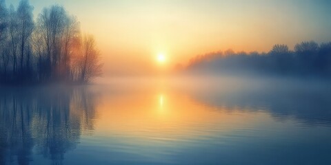 Wall Mural - Fog Over Water: Spring Morning Landscape with Misty Lake and Sun Rising