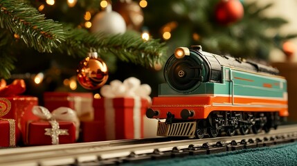 Wall Mural - Colorful Toy Train Under a Christmas Tree, festive, holiday, decoration, winter