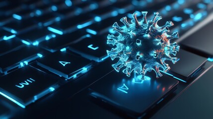 Canvas Print - Cyber Virus Threat: 3D Model on a Keyboard - A close-up of a 3D virus model placed on a keyboard, symbolizing the threat of cyberattacks, digital security, online safety, data privacy, and malware.