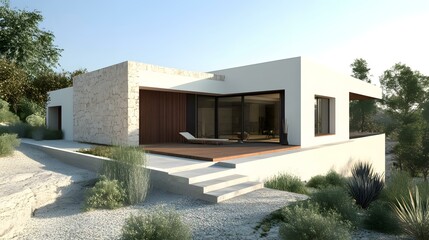 Poster - Modern House Design With Stone Wall And Wood Deck