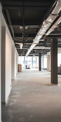 Canvas Print - Empty Office Space With Exposed Ceiling Pipes and Wires