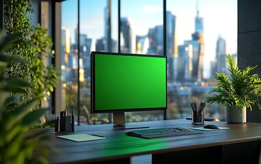 Poster - A modern workspace featuring a green-screen monitor, elegant desk setup, plants, and a city skyline in the background.