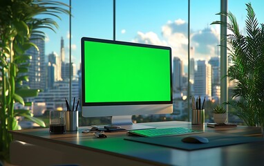 Aufkleber - A modern workspace featuring a large green screen monitor, surrounded by office supplies, plants, and a city skyline view.