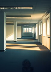 Canvas Print - Empty Office Hallway with Sunlight Streaming Through Windows