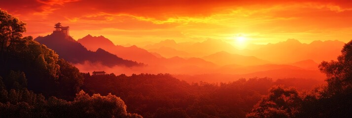 Sticker - Golden Hour Sunrise Over Majestic Mountains, a breathtaking vista of sunlit peaks, hazy valleys, and a fiery sky, showcasing beauty, serenity, and the power of nature.