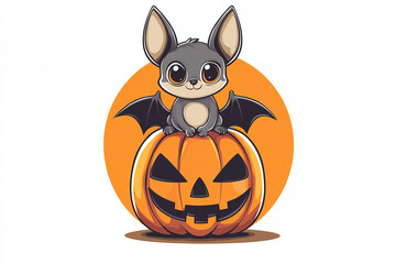 Wall Mural - Cute bat sitting on top of jack-o-lantern. Halloween card 