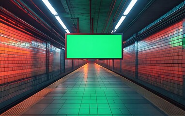 Leinwandbilder - A futuristic tunnel illuminated with vibrant lights and a blank green screen, inviting creativity and modern aesthetics.