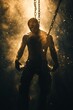 © weerayut - A dramatic silhouette of a figure suspended by chains, surrounded by ethereal light and particles, evoking themes of struggle and freedom.