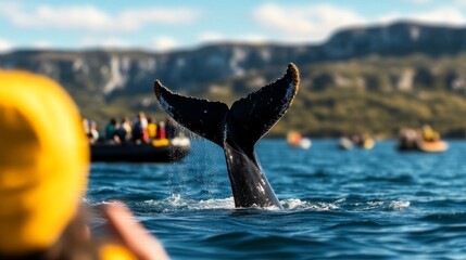 Tourists on a whale watching tour get a spectacular view of a humpback whale's tail breaching the water, creating a memorable moment of awe and wonder.  Witness nature's grandeur in this thrilling enc