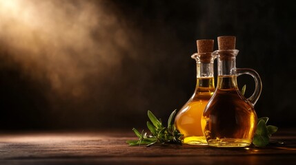 Poster - Two glass bottles of golden olive oil with fresh herbs on a rustic wooden table, illuminated by a soft spotlight.  Represents healthy cooking, natural ingredients, and Mediterranean flavors.