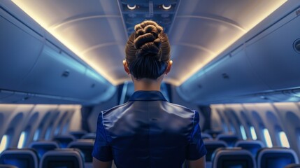 Canvas Print - A woman in a blue uniform stands in the middle of an airplane cabin