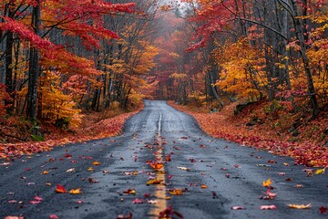 Wall Mural - A road with leaves on the ground and trees in the background