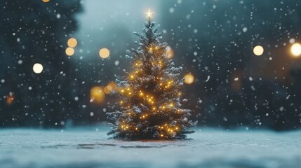 Wall Mural - christmas tree outdoor with snow, lights bokeh around, and snow falling, christmas atmosphere.