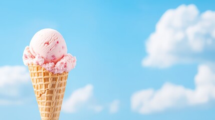 Strawberry ice cream in a cone with a bright blue sky backdrop, summery feeling