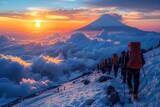 The sky is filled with clouds and the sun is setting, creating a serene