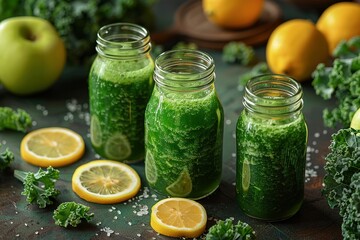 Wall Mural - Three green juice mason jars with a lemon slice in the middle