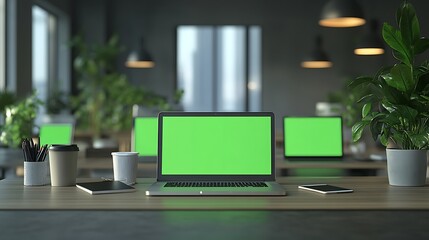 Aufkleber - A modern workspace featuring laptops with blank green screens, surrounded by plants, coffee mugs, and a smartphone, creating a fresh and inspiring atmosphere.