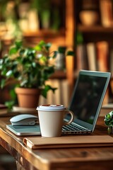 Aufkleber - A cozy workspace featuring a laptop, a coffee cup, and green plants, creating a serene atmosphere for productivity.