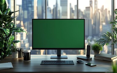 Fototapete - A modern office workspace featuring a large monitor with a green screen, surrounded by plants and showcasing a city view through glass windows.