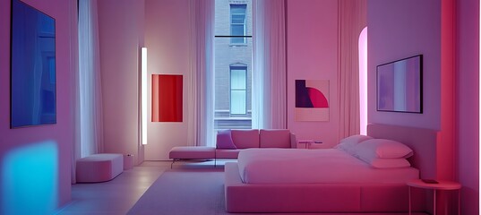 A modern boutique hotel room with minimalist furnishings, a luxury bed, and contemporary art