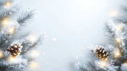 Wall Mural - white christmas background with spruce frosty brunches and christmas lights