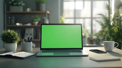 Aufkleber - A modern workspace featuring a laptop with a green screen, surrounded by plants, stationery, and a coffee cup, creating a fresh and inviting atmosphere.