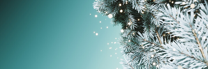 Wall Mural - christmas banner design. pine tree on teal background with copy space. 3d rendering, 3d illustration