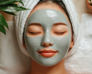 Tranquil Spa Beauty Close-Up of Woman in Grey Mask, Pink Lips, Relaxing Spa Setting with Greenery, Serene Wellness Concept