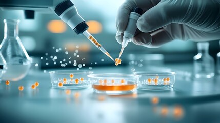 Scientist Meticulously Handling Micropipette to Transfer Small Volumes of Clear Solutions into Sample Dishes in a Clean Well Equipped Laboratory Environment