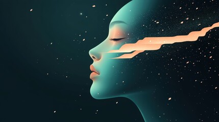 A surreal illustration of a glowing face emerging from a dark background, with abstract lines and shapes illuminating its features.