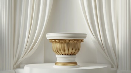 Sticker - 3D rendered background featuring a Roman style white and gold podium with a curved back against a white curtain backdrop ideal for presentations