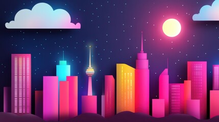 A vibrant illustration of a nocturnal cityscape with neon lights and illuminated buildings, creating a dynamic and energetic atmosphere.