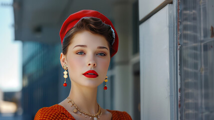 Poster - A fashion-forward retro chic look blending 1950s elegance with modern accessories, featuring a model in a fitted dress and bold jewelry, posed in a minimalist urban space.