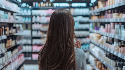 Poster - A woman is shopping in a store with many shelves of products