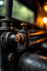 Close-up of an old, rusty, and worn-out metal valve on an antique machine.