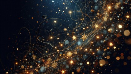 abstract backround with dark blue and gold particles. christmas golden light shine particles bokeh on navy blue backround. gold foil texture. holiday concept 300dpi